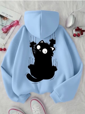 Kids Face Özel Tasarım Kapüşonlu Siyah Yaramaz Kedicik Sırt Baskılı %100 Pamuk Kız Çocuk Sweatshırt