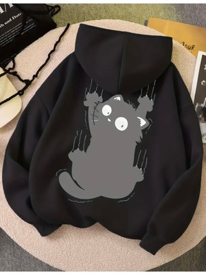 Kids Face Özel Tasarım Kapüşonlu Siyah Yaramaz Kedicik Sırt Baskılı %100 Pamuk Kız Çocuk Sweatshırt