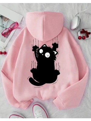 Kids Face Özel Tasarım Kapüşonlu Siyah Yaramaz Kedicik Sırt Baskılı %100 Pamuk Kız Çocuk Sweatshırt