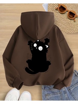 Kids Face Özel Tasarım Kapüşonlu Siyah Yaramaz Kedicik Sırt Baskılı %100 Pamuk Kız Çocuk Sweatshırt