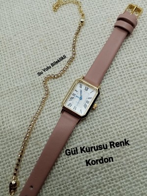 Quartz Kadın Kol Saati Vintage  Gold Kasa- Oval Model- Gül Kurusu Kroko Desenli Kordon TT0054