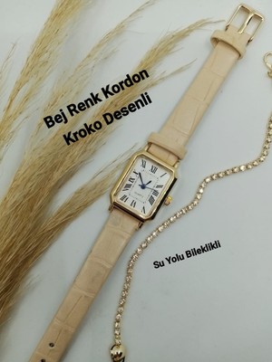 Quartz Kadın Kol Saati Vintage  Gold Kasa- Oval Model- Bej Kroko Desenli Kordon TT0054