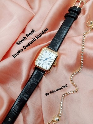 Quartz Kadın Kol Saati Vintage  Gold Kasa- Oval Model- Siyah Kroko Desenli Kordon TT0054