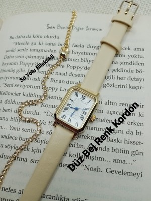 Quartz Kadın Kol Saati Vintage  Gold Kasa- Oval Model- Bej Düz Kordon TT0054
