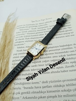 Quartz Kadın Kol Saati Vintage  Gold Kasa- Oval Model- Siyah Yılan Desenli Kordon TT0054