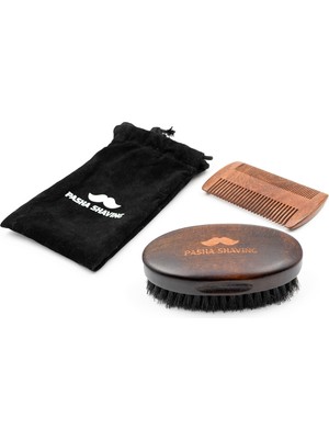 Pasha Shaving Doğal Sakal Fırçası ve Tarak Seti, Kayın Ağacı & Doğal Kıllı Sakal Bakım Fırçası, Statik Önleyici Ahşap Tarak, Domuz Kılı