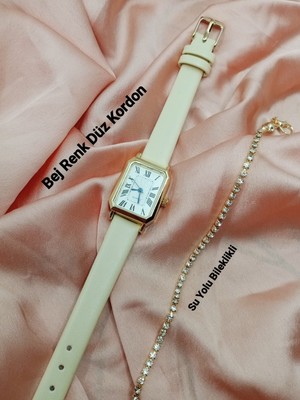 Quartz Kadın Kol Saati Vintage  Gold Kasa- Oval Model- Bej Düz Kordon TT0054
