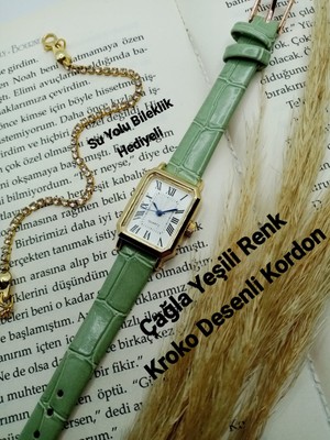 Quartz Kadın Kol Saati Vintage  Gold Kasa- Oval Model- Çağla Yeşili Kroko Desenli Kordon TT0054
