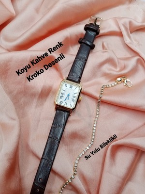 Quartz Kadın Kol Saati Vintage Gold Kasa- Oval Model- Koyu Kahve Kroko Desenli Kordon TT0054