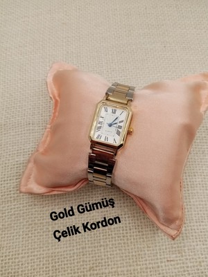 Quartz Kadın Kol Saati Vintage  Gold Gümüş Kasa- Oval Model- Gold Gümüş Çelik Kordon TT0054