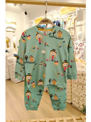 Isobel Isob Yeşil Kız Desenli Fitilli Kumaş Interlok %100 Pamuk Kız Çocuk Pijama Takımı 3-8 Yaş 51240