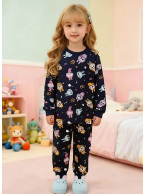 Isobel Isob Lacivert Labubu Desenli %100 Pamuk Kız Çocuk Pijama Takımı 3-13 Yaş 51239-51430