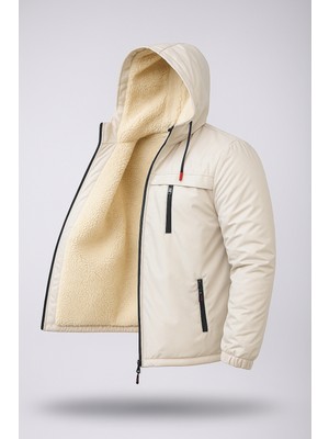 Emay-D Erkek Çıkarılabilir Kapüşonlu Içi Kürklü Su Geçirmez Erkek Mont Ceket