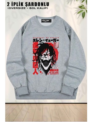 Unisex Attack On Titan Eren Yeager 4 Baskılı Oversize Bisiklet Yaka Sweatshirt