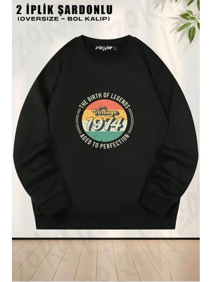 Unisex Vintage 1974, 50TH Birthday Baskılı Oversize Bisiklet Yaka Sweatshirt