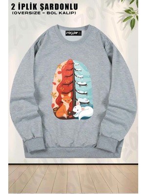 Unisex Mevsim Sonbahar Tilki Baskılı Oversize Bisiklet Yaka Sweatshirt