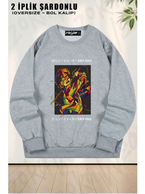 Unisex Attack On Titan Eren Yeager Anime Baskılı Oversize Bisiklet Yaka Sweatshirt