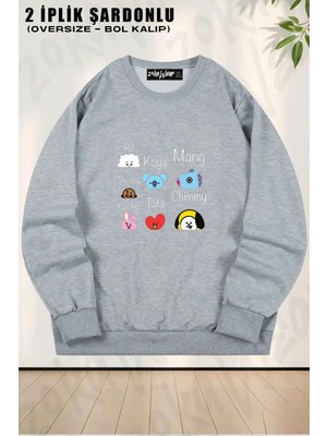 Unisex Bts BT21 Baskılı Oversize Bisiklet Yaka Sweatshirt