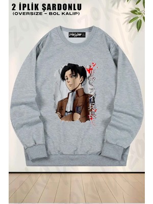 Unisex Attack On Titan Levi Ackerman Anime Karakter Baskılı Oversize Bisiklet Yaka Sweatshirt
