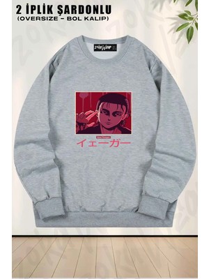 Unisex Attack On Titan Eren Yeager Anime 5 Baskılı Oversize Bisiklet Yaka Sweatshirt