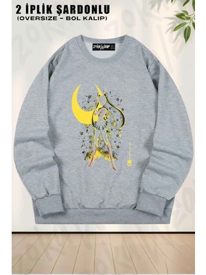 Unisex Sailor Moon 2 Baskılı Oversize Bisiklet Yaka Sweatshirt