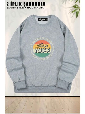Unisex Vintage 1974, 50TH Birthday Baskılı Oversize Bisiklet Yaka Sweatshirt