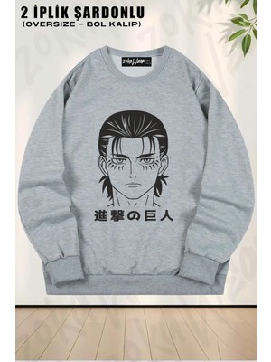 Unisex Attack On Titan Eren Yeager Anime 2 Baskılı Oversize Bisiklet Yaka Sweatshirt