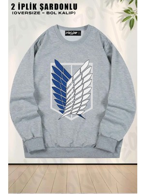 Unisex Attack On Titan Semboller Anime Baskılı Oversize Bisiklet Yaka Sweatshirt