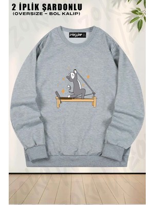 Unisex Reformer Pilates Spor Kedi Baskılı Oversize Bisiklet Yaka Sweatshirt