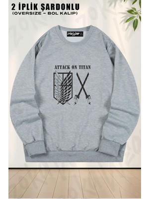 Unisex Attack On Titan Semboller Anime 4 Baskılı Oversize Bisiklet Yaka Sweatshirt