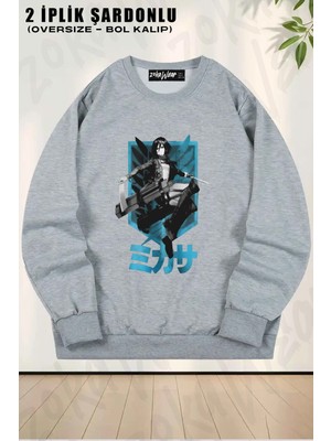 Unisex Attack On Titan Mikasa Ackerman Baskılı Oversize Bisiklet Yaka Sweatshirt