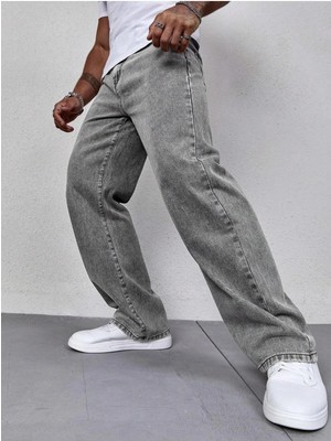 Cuqq Denim Erkek Gri Asit Yıkamalı Baggy Kot Pantolon Rahat Kesim Oversize Günlük Jean