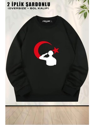 Unisex Türk Askeri V2 Baskılı Oversize Bisiklet Yaka Sweatshirt
