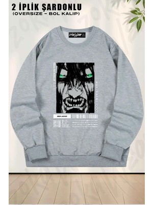 Unisex Attack On Titan Eren Yeager Anime 3 Baskılı Oversize Bisiklet Yaka Sweatshirt