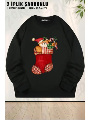 Unisex Yılbaşı Çorap Baskılı Oversize Bisiklet Yaka Sweatshirt