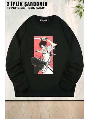Unisex Attack On Titan Levi Ackerman Anime Baskılı Oversize Bisiklet Yaka Sweatshirt