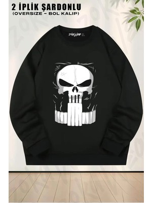 Unisex Punisher Suit Baskılı Oversize Bisiklet Yaka Sweatshirt