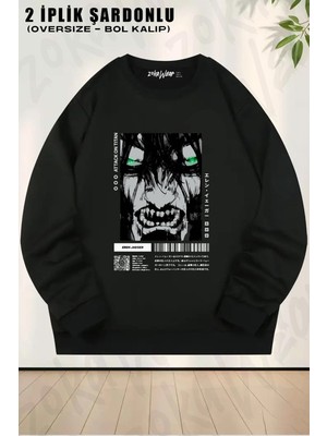 Unisex Attack On Titan Eren Yeager Anime 3 Baskılı Oversize Bisiklet Yaka Sweatshirt