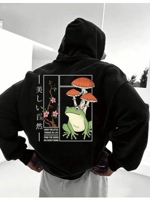 Punix Punıx Büyük Beden Özel Tasarım Kapüşonlu Kurbağa Mantarlar Sırt Baskılı Oversize Erkek Sweatshırt