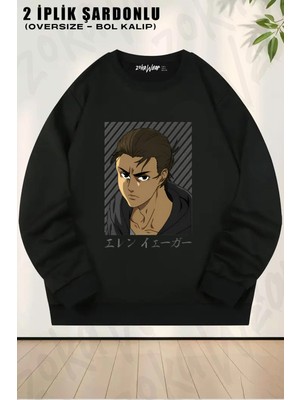 Unisex Attack On Titan Eren Yeager Anime Karakter Baskılı Oversize Bisiklet Yaka Sweatshirt