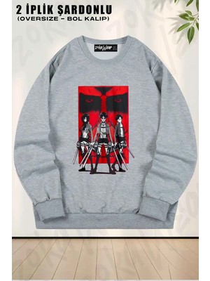 Unisex Attack On Titan Levi Mikasa Eren Anime Karakter Baskılı Oversize Bisiklet Yaka Sweatshirt