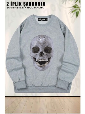 Unisex Pırlanta Taşlı Kurukafa Baskılı Oversize Bisiklet Yaka Sweatshirt