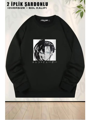 Unisex Attack On Titan Eren Yeager2 Baskılı Oversize Bisiklet Yaka Sweatshirt
