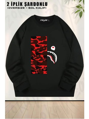 Unisex Bape Shark Red Kamuflaj Baskılı Oversize Bisiklet Yaka Sweatshirt