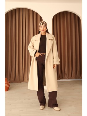 Hazel Kadın Taş Kruvaze Oversize Kuşaklı Uzun Kaşe Kaban