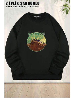 Unisex Iron Maiden Baskılı Oversize Bisiklet Yaka Sweatshirt