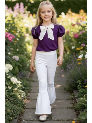 Parla Kids Kız Çocuk Lilyum Mor Bluz Krem Pantolon Alt Üst 23 Nisan Takım