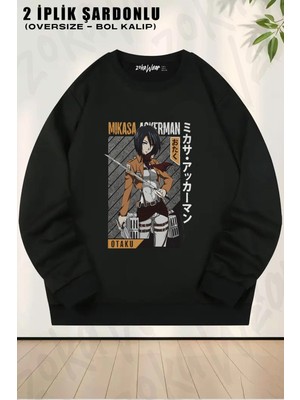 Unisex Mikasa Fan Attack On Titan Baskılı Oversize Bisiklet Yaka Sweatshirt