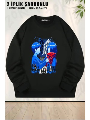 Unisex Attack On Titan Anime Baskılı Oversize Bisiklet Yaka Sweatshirt