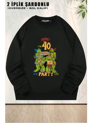 Unisex Teenage Mutant Ninja Turtles 40TH Birthday Baskılı Oversize Bisiklet Yaka Sweatshirt